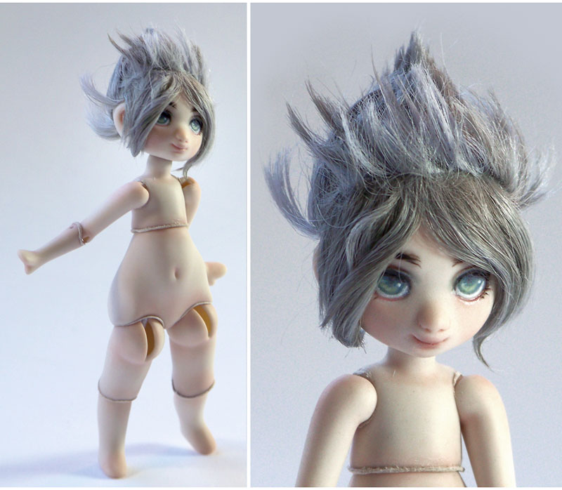 tiny bjd with grey spiky anime style hair