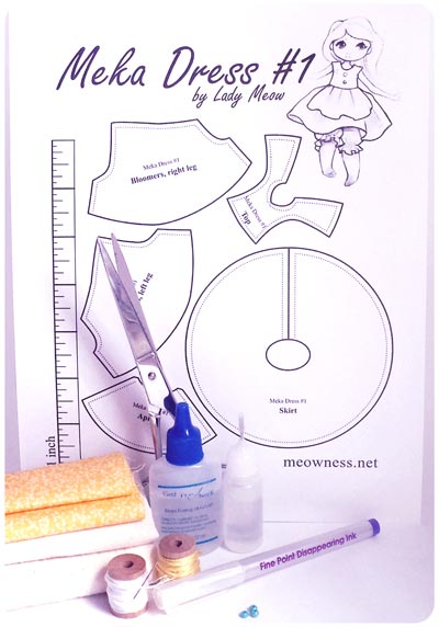 sewing supplies used for making a simple dress and bloomers for my Meka ball jointed doll