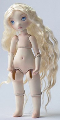 Tiny BJD with platinum blonde wig.