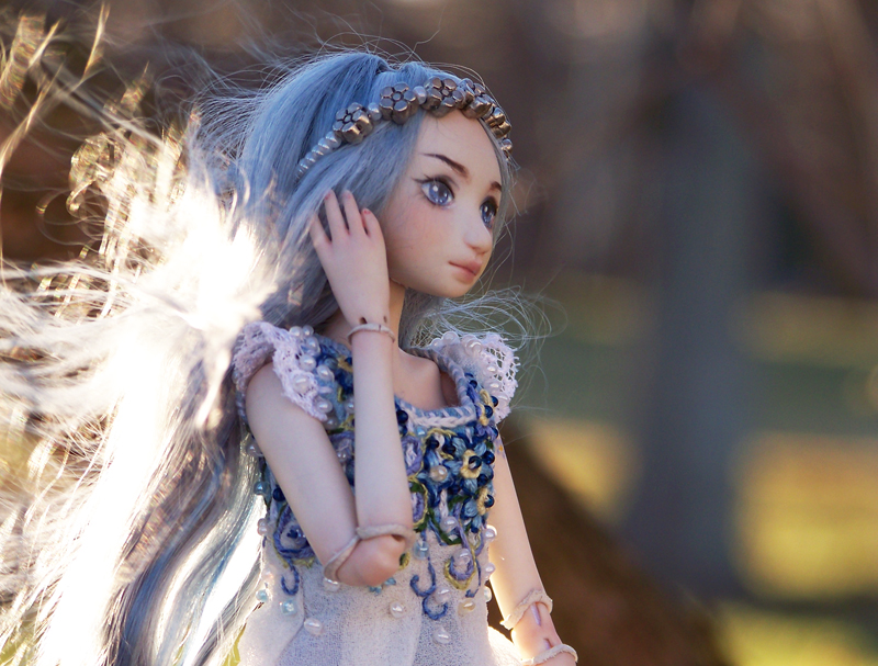 Little Minion Doll by ladymeow with forget me not flower themed dress and body paint.