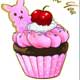 drawing of a chocolate cupcake with pink frosting and a cherry on top an a pink bunny cookie, art by ladymeow
